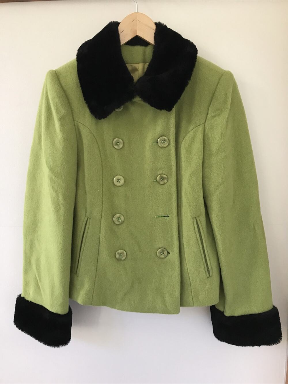Vtg Marvin Richards J Percy Green Wool Faux Fur USA Made Peacoat Jacket XS 36"